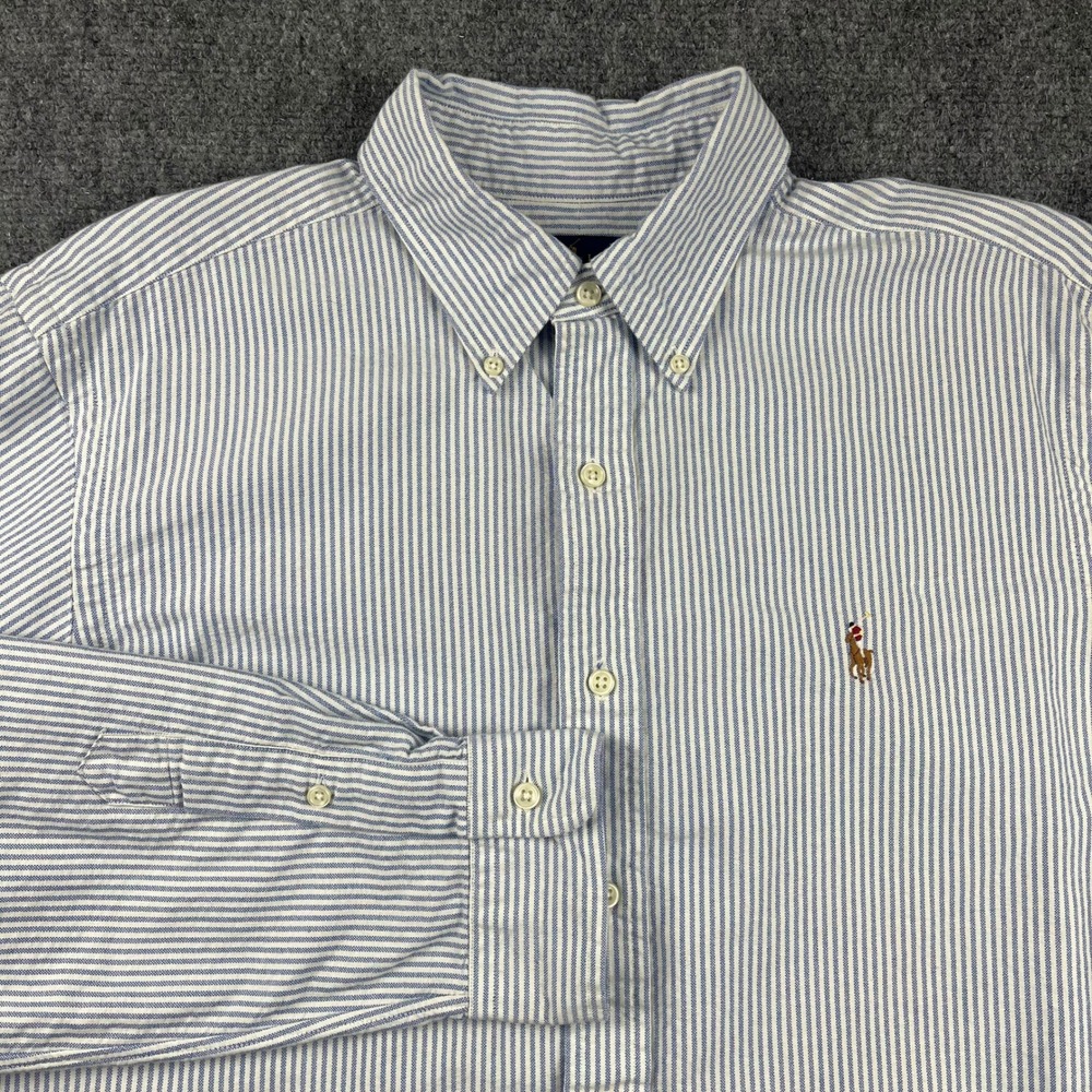 RalphLauren Classic Fit Shirt Men Large Blue White Stripe Long Sleeve Flesh Pony